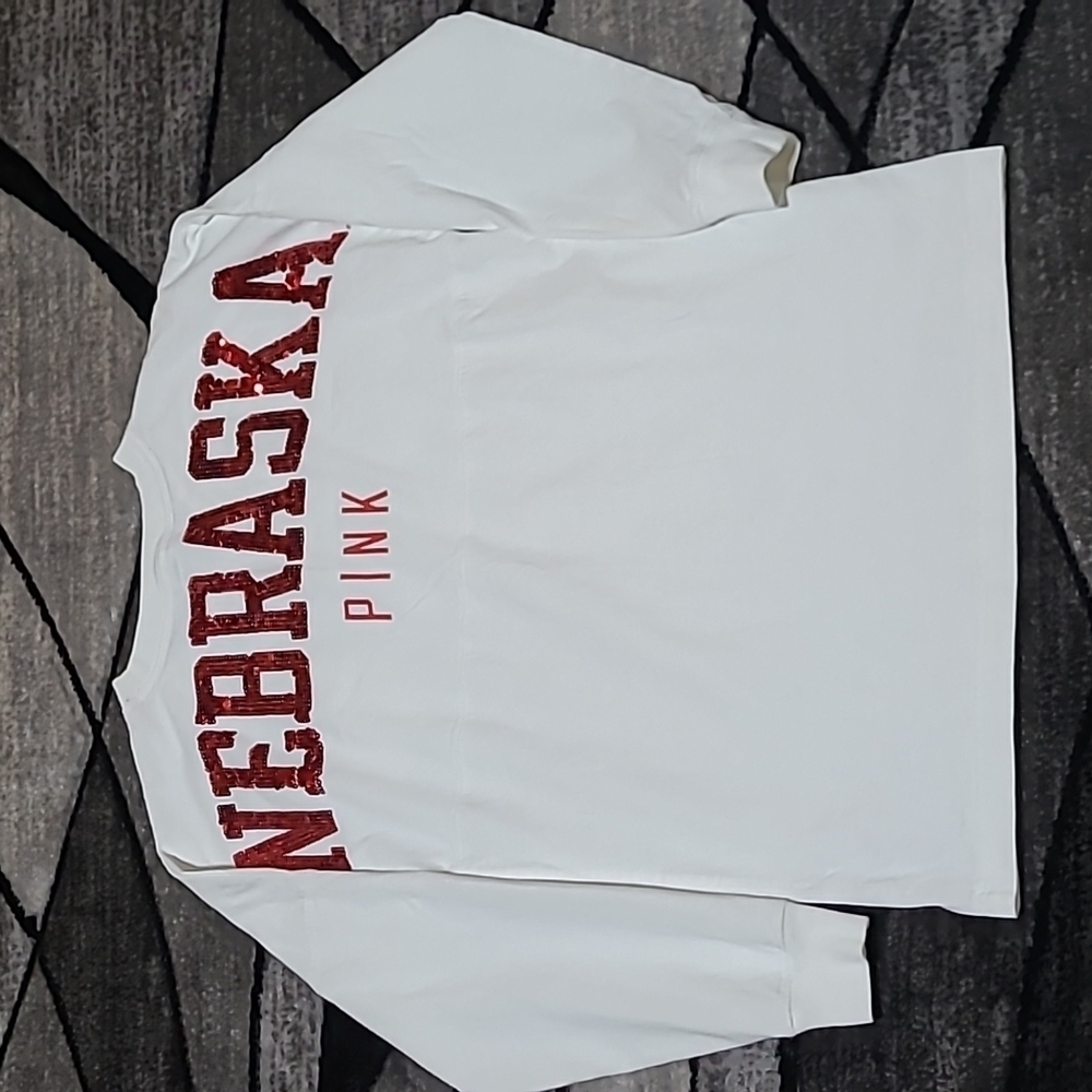 VS PINK 2014 CAMPUS BLING SEQUINS NEBRASKA CREW POCKETLOGO LONG-SLEEVE TEE-SHIRT